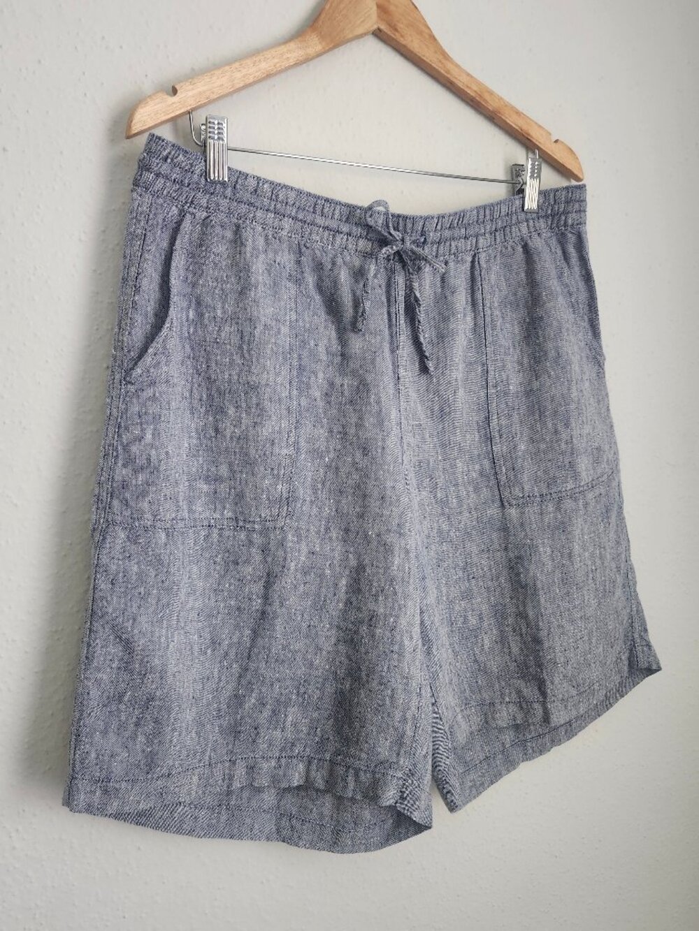 LANDS' END Cross-Dyed 100% Linen Drawstring Casual Blue Shorts 14 - Picture 2 of 8
